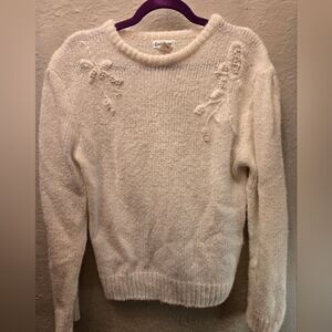 Vintage Cream Knit Sweater with Pearl Floral Appliqué | Coquette Cottagecore